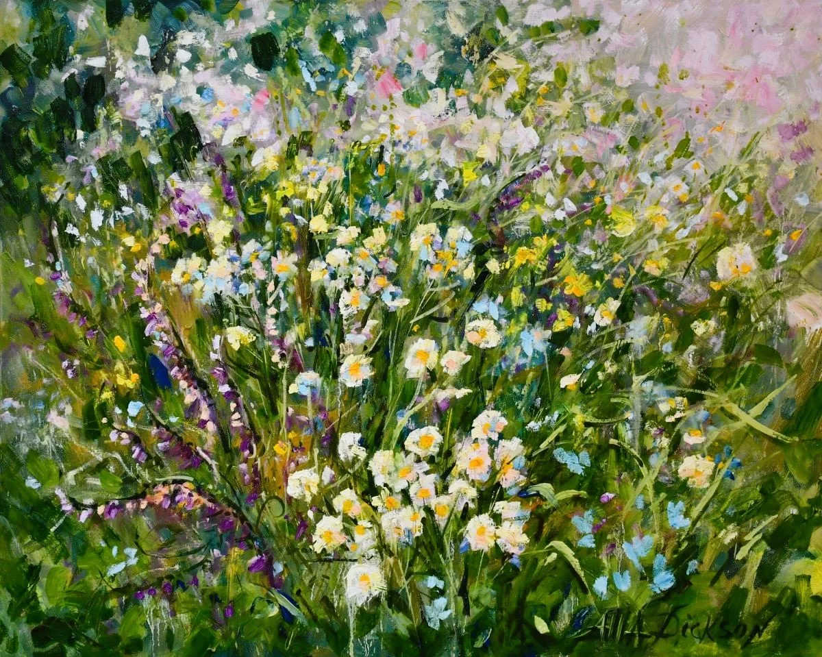 Vibrant Flower Field Painting Modern Bright Wildflower Field